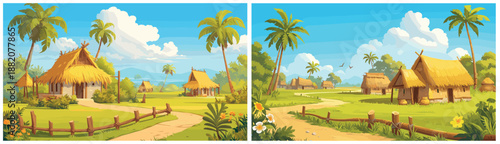 African village background cartoon. Africa summer tropical rustic landscape thatched roof vector illustration