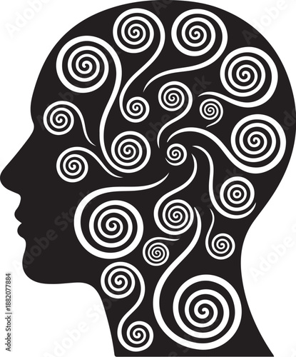 Black silhouette of a human head with swirling thoughts
