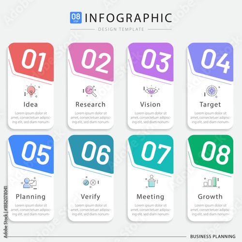 Timeline Creator infographic template. 8 Step timeline journey, calendar Flat simple infographics design template. presentation graph. Business concept with 8 options, gantt vector illustration.