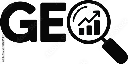 Bold black GEO letters are presented alongside a magnifying glass revealing an ascending data chart