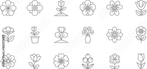 Collection of eighteen minimalist black line art icons representing various simple flower types blooming in gardens pots or natural outdoor settings