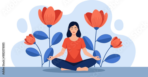 Woman Meditating Peacefully Amongst Giant Blooming Flowers Symbolizing Inner Peace and Calm
