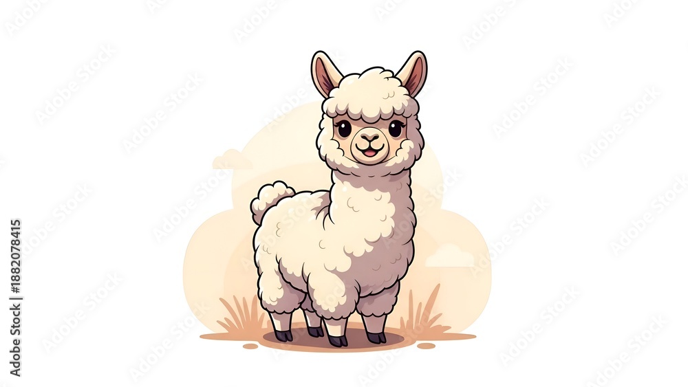 Fototapeta premium A charming and fluffy white alpaca illustration standing on a small patch of grass with a soft, light background, featuring a cute and friendly expression.