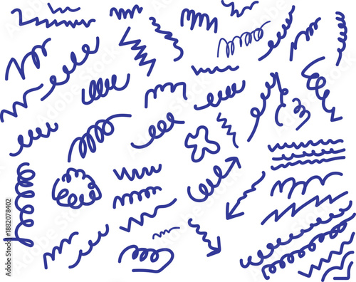 A collection of blue squiggles and scribbles on a white background