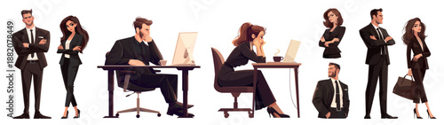 Businessman businesswoman cartoon set. Man woman business suit, work business career desktop character vector illustration