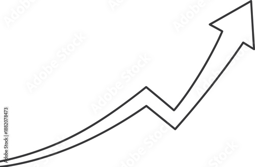 Simple black and white line drawing depicts a fluctuating yet strongly upward trending arrow symbolizing growth progress and positive financial momentum for business concepts