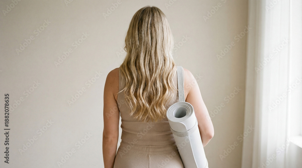 Obraz premium Female figure with long wavy hair is holding a rolled yoga mat while standing in a bright room with soft natural light and minimalistic decor