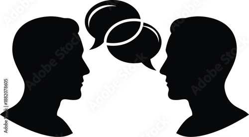 Two black silhouettes facing each other with overlapping speech bubbles representing communication and dialogue concept.
