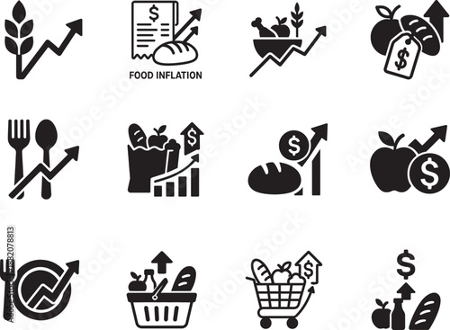 Food inflation icon symbol set in filled style, showing rising prices and costs, clean bold vector EPS.