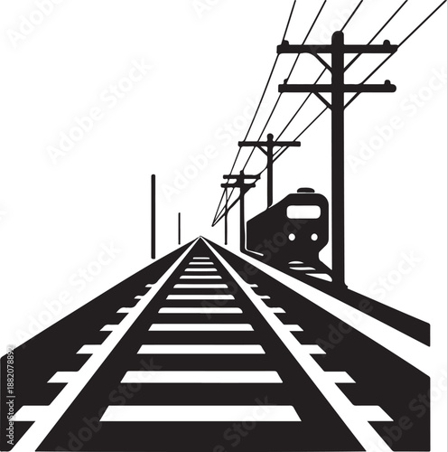 Straight railway tracks receding into the distance with power line poles, minimalist railroad train vector EPS.