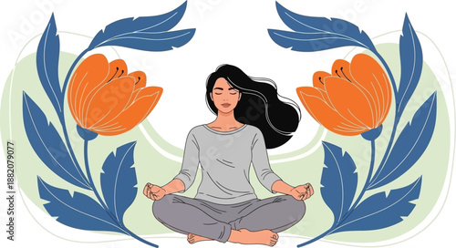 Woman Meditating in Lotus Pose Surrounded by Nature s Serenity Calm Wellness and Mindfulness Illustration