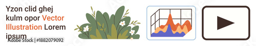 Environmental awareness, data analytics, digital media, growth trends, nature conservation, technology integration. Greenery with flowers, colorful graph play button. Environmental awareness