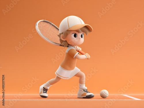 Energetic young 3d cartoon boy playing tennis on court executing a powerful backhand slice technique with intense focus and athletic determination for sports design projects.