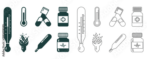 Medical icons set including thermometer pill bottle capsule health healthcare illustration