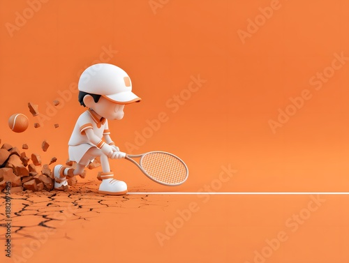 Energetic young 3d cartoon boy playing tennis on court executing a powerful backhand slice technique with intense focus and athletic determination for sports design projects.