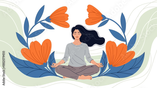 Peaceful Woman Meditating in Lotus Pose Surrounded by Blooming Flowers and Lush Greenery