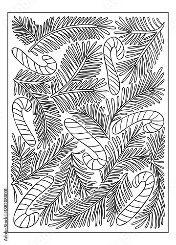 Hand drawn vector coloring page with candy canes and pine tree branches in festive composition. Concept of Christmas, holiday season, and winter celebration activities