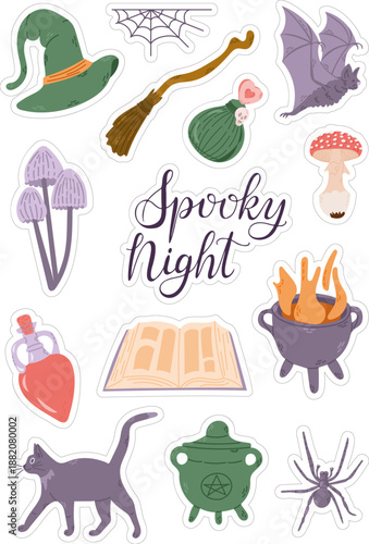 Hand drawn vector set of Halloween witch-themed stickers with potions, hat, broom and cauldron. Concept of magic, mystery, and spooky night atmosphere