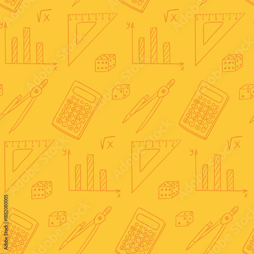 Hand drawn vector seamless pattern with math tools like calculator, ruler, graph and compass. Concept of education, school supplies and mathematical learning
