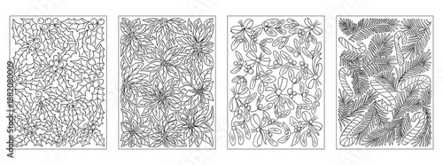 Hand drawn vector set of Christmas-themed coloring pages with holly, poinsettia, mistletoe and candy canes. Concept of winter holidays, festive decoration and cozy seasonal activity
