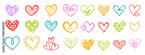 Colorful Hand Drawn Doodle Hearts Collection Featuring Various Sketchy Textured and Patterned Love Symbols in Bright Crayon and Marker Style Vector Illustration