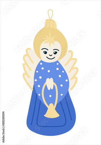 Hand drawn vector illustration of a vintage angel Christmas ornament with wings and trumpet. Concept of nostalgic holiday decor and traditional festive spirit