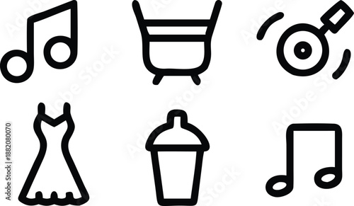 Lifestyle and entertainment icons featuring cocktail shaker party dress music notes and ringing bell sign