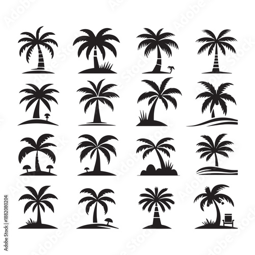 Palm Tree Silhouette Icon Set for Beach and Vacation Themes
