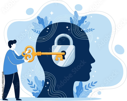 Unlock Your Mind s Potential Person Using Key to Open Padlock Inside Head Silhouette Mental Breakthrough Concept