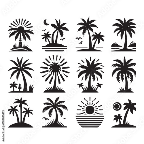 Palm Tree Silhouette Icon Set for Beach and Vacation Themes