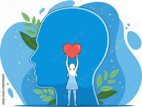 Mindfulness and Self Love Person Holding Heart Inside Head Silhouette Mental Health Concept