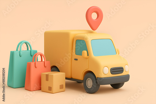 3d delivery truck illustration with packages and location icon, modern logistics and online shopping concept