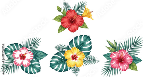 Watercolor style collection of vibrant tropical flowers including pink and yellow hibiscus orchids and lush green monstera and palm leaves perfect for summer design projects