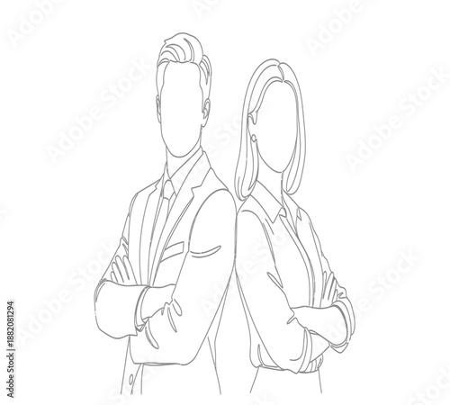 Elegant line drawing depicts a man and woman in formal attire standing closely together