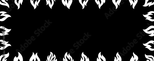 Frame border of white flames on black background. Vector fire border design for posters, hot product labels and hazard safety artwork