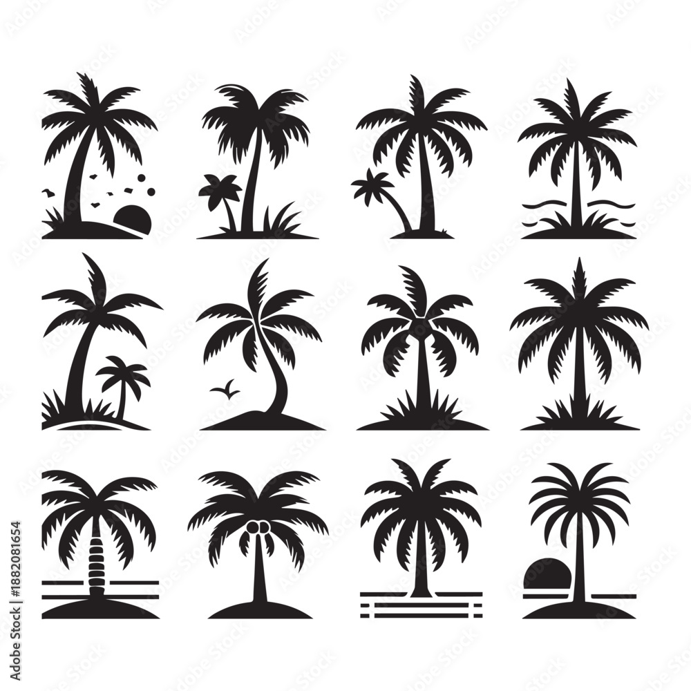 Fototapeta premium Palm Tree Silhouette Icon Set for Beach and Vacation Themes