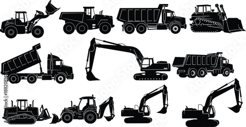 Black construction machinery silhouettes set featuring excavators, dump trucks, bulldozers and loaders isolated on white background industrial vector collection