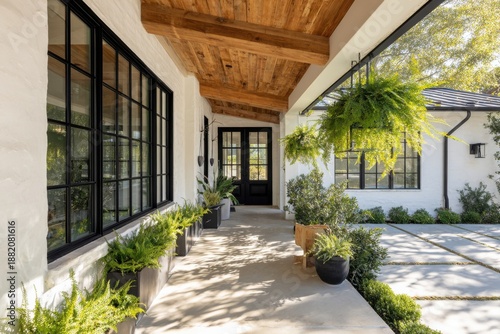 The entryway boasts a warm and inviting atmosphere, featuring lush plants, abundant natural light, and a straightforward path bordered by vibrant greenery during the day