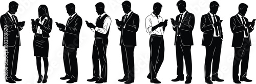 Business professionals silhouettes using smartphones in line, illustrating modern workplace communication, technology dependence, social media habits and digital connectivity trends