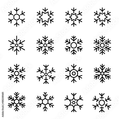 Set of 16 black outline snowflakes. Elegant minimal winter collection for festive holiday digital artwork