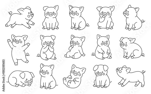 Piglet outline collection in different poses. Cute pig cartoon line art set for coloring pages, childrens books, and farm-themed vector designs
