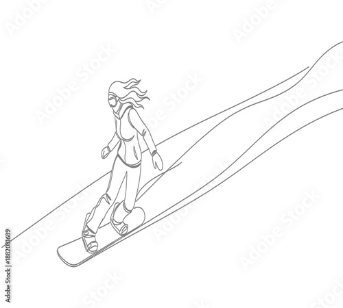 A minimalist line drawing depicts a snowboarder gracefully gliding down a snowy slope