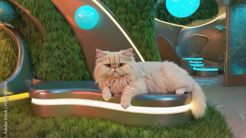 Wallpaper Mural A light-beige Persian cat rests on a modern, elevated platform within a futuristic, botanical interior Torontodigital.ca