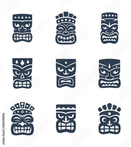 Set of nine tiki mask silhouettes with fierce faces. Polynesian tribal vector design for tattoos, posters and cultural artwork