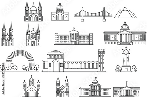 Line art landmark and architecture icon set featuring bridges, churches, government buildings and monuments illustrating travel, history and urban design