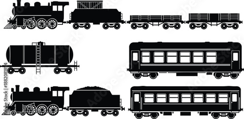 Vintage steam train silhouettes with locomotive, freight wagons, tanker cars and passenger coaches illustrating classic railway transport and industrial era travel
