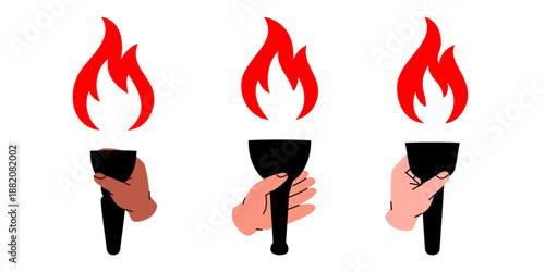 Hands holding burning torch with red flames. Flat vector illustration symbolizing protest, freedom, victory and celebration design