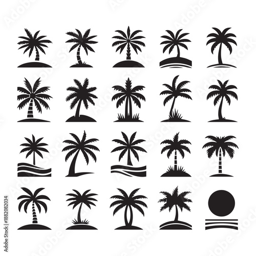 Palm Tree Silhouette Icon Set for Beach and Vacation Themes
