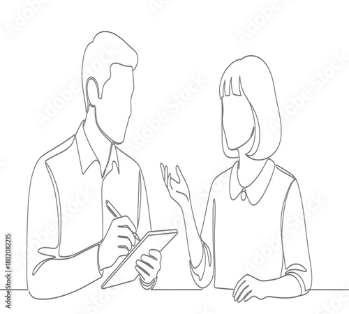 Line drawing of a man and woman in a meeting discussing business or an interview