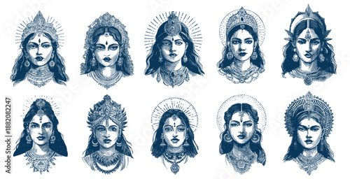 Hindu goddesses engraving set. Indian goddess woman portrait drawing monochrome, girl India face decoration vintage traditional culture Buddhism vector illustration